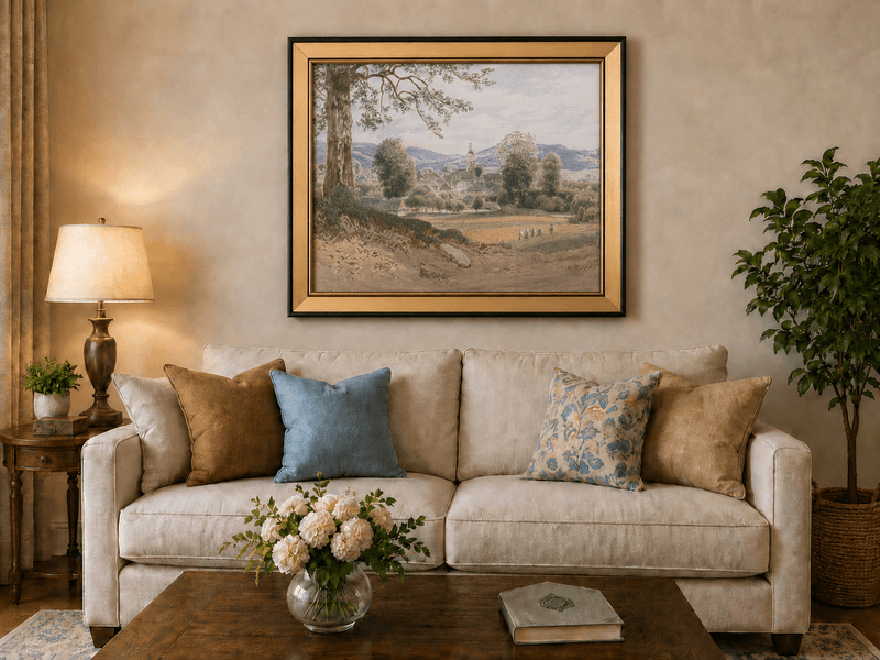 Landscape Oil Painting - Village Valley Church & Hills