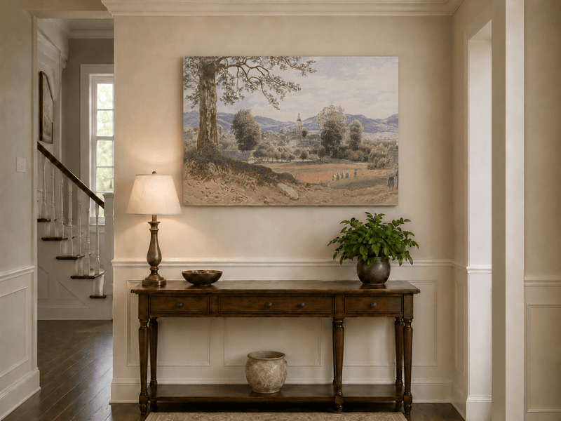 Landscape Oil Painting - Village Valley Church & Hills