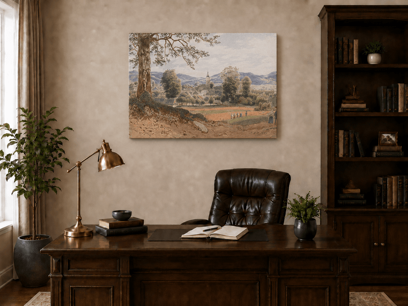 Landscape Oil Painting - Village Valley Church & Hills
