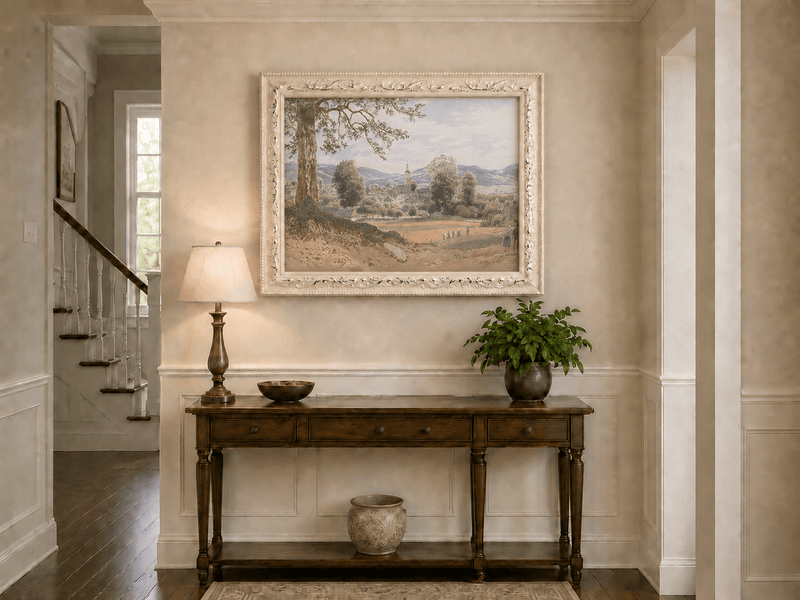 Landscape Oil Painting - Village Valley Church & Hills