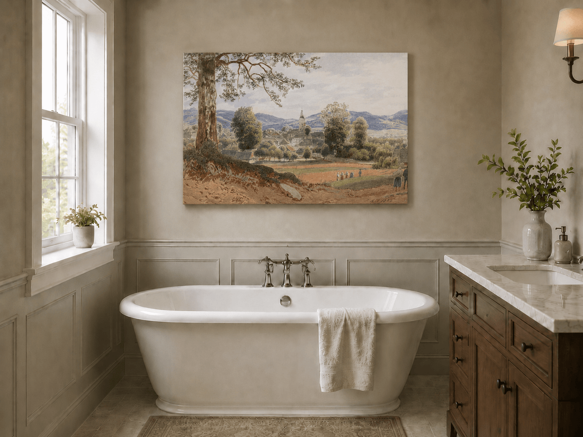 Landscape Oil Painting - Village Valley Church & Hills