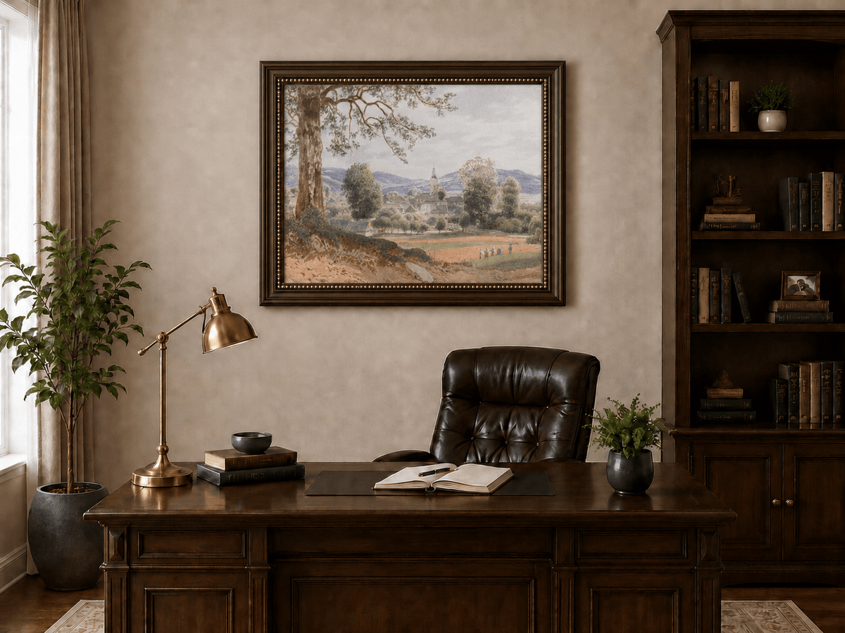 Landscape Oil Painting - Village Valley Church & Hills