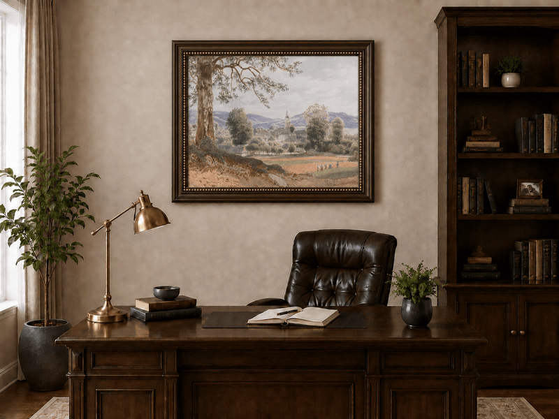 Landscape Oil Painting - Village Valley Church & Hills