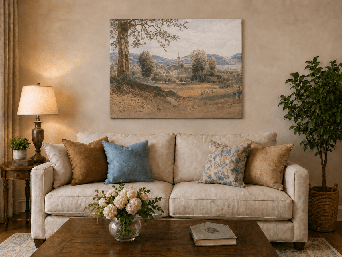 Landscape Oil Painting - Village Valley Church & Hills