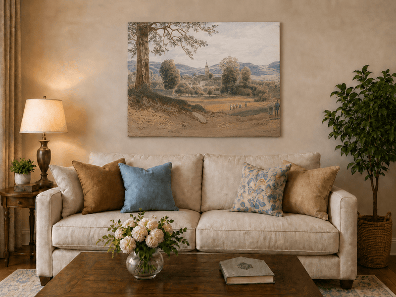 Landscape Oil Painting - Village Valley Church & Hills