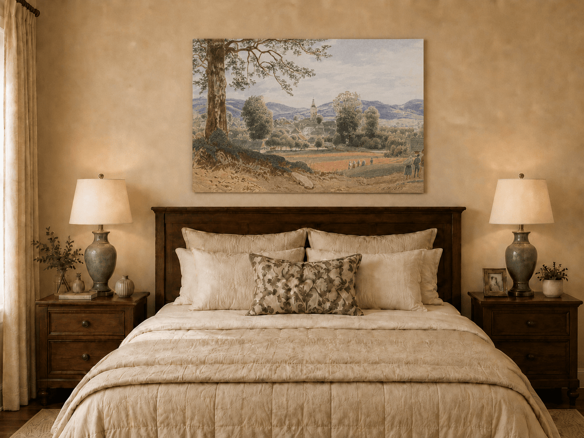 Landscape Oil Painting - Village Valley Church & Hills