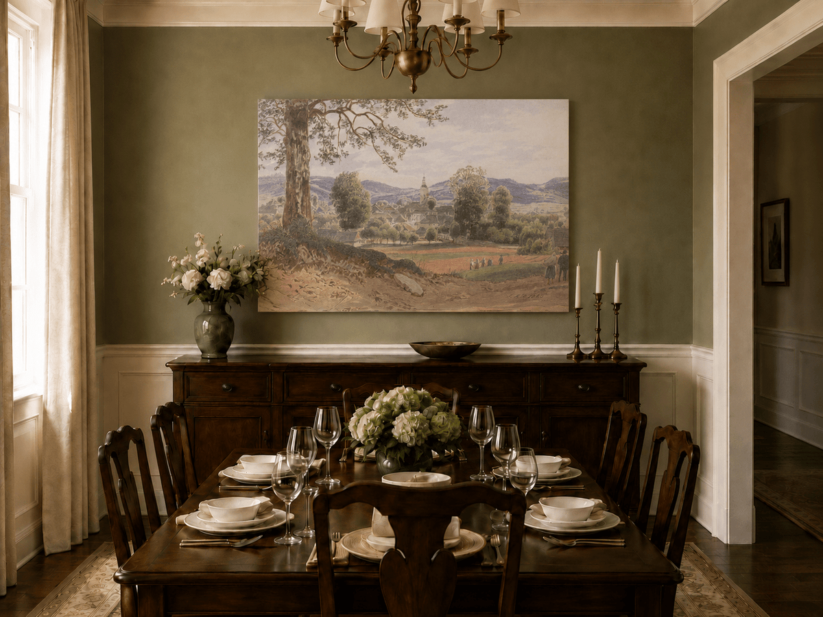 Landscape Oil Painting - Village Valley Church & Hills