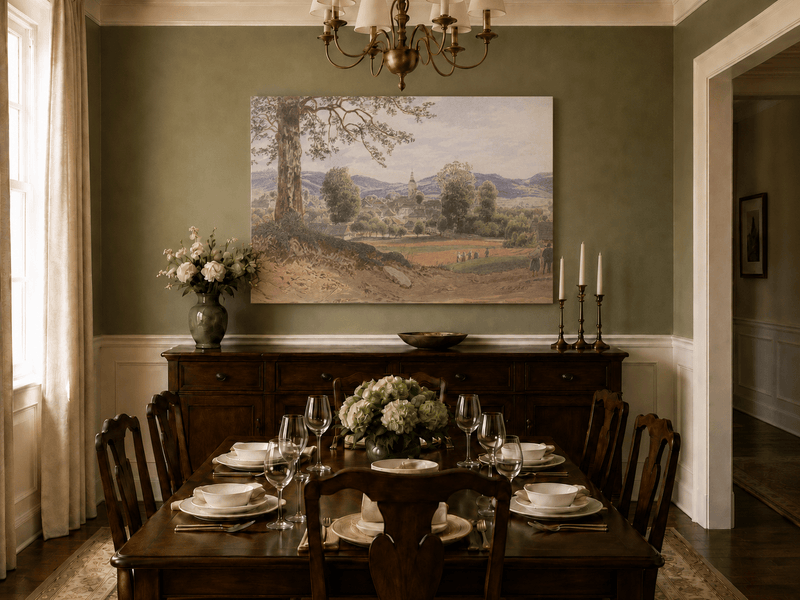 Landscape Oil Painting - Village Valley Church & Hills