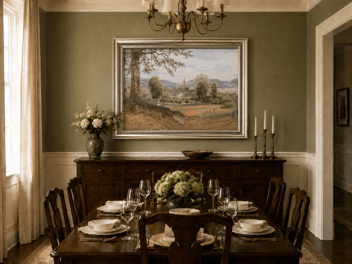 Landscape Oil Painting - Village Valley Church & Hills