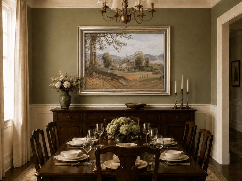 Landscape Oil Painting - Village Valley Church & Hills
