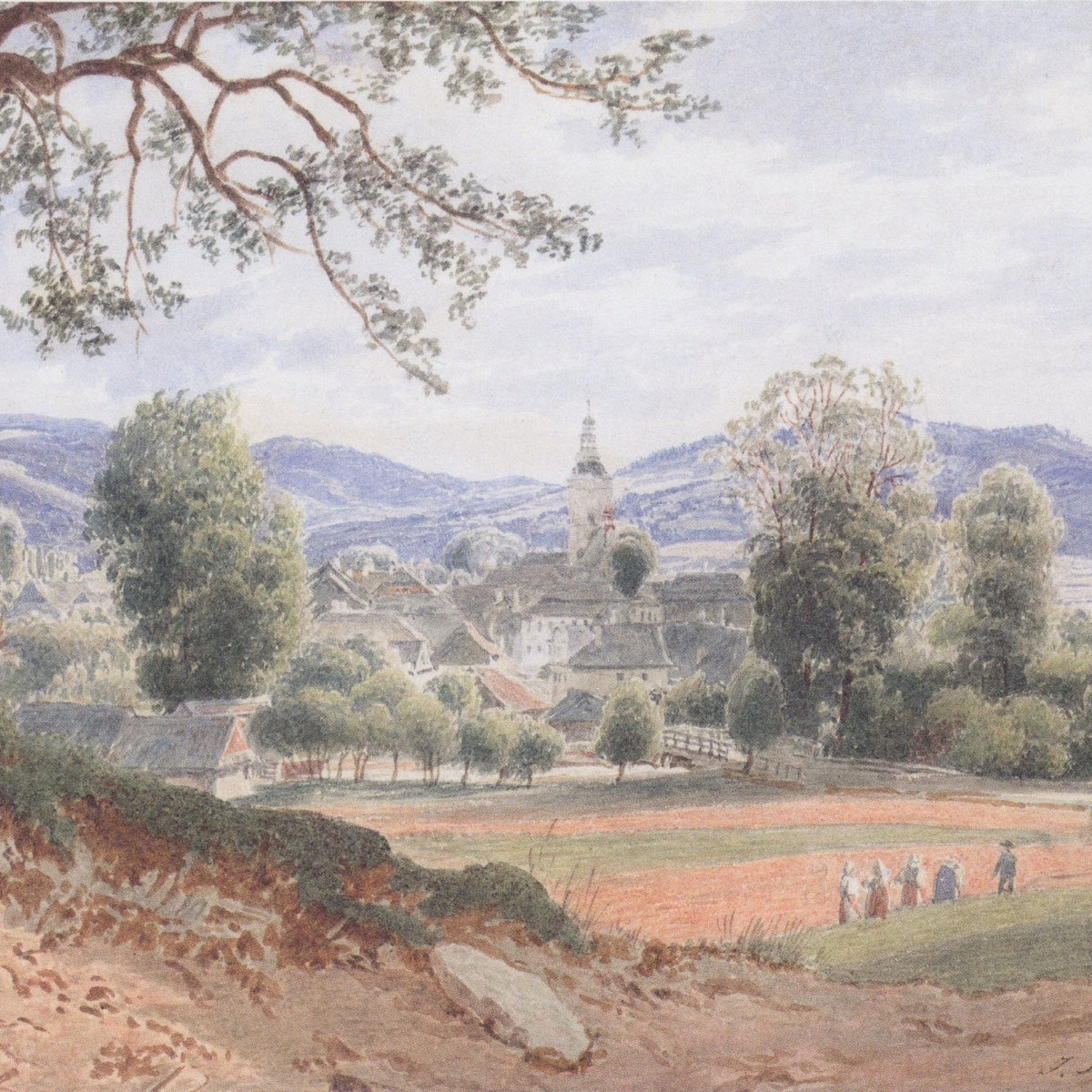 Hand-painted village valley view with church and hills landscape oil painting on canvas