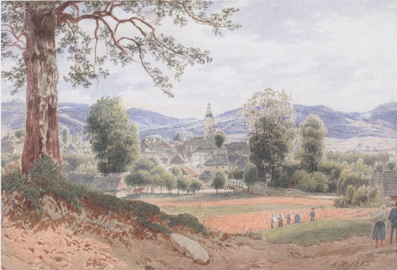 Hand-painted village valley view with church and hills landscape oil painting on canvas