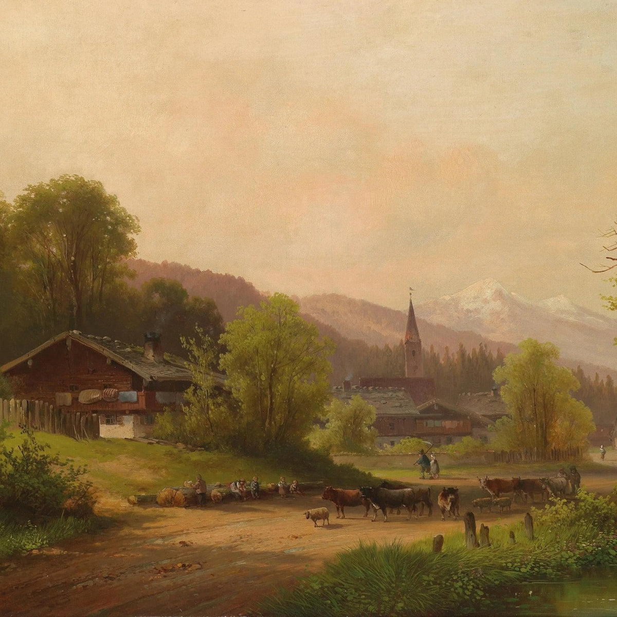 Landscape Oil Painting - Village with Cattle, Figures & Mountains - Oil Painting Haven