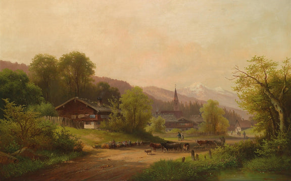 Landscape Oil Painting - Village with Cattle, Figures & Mountains - Oil Painting Haven