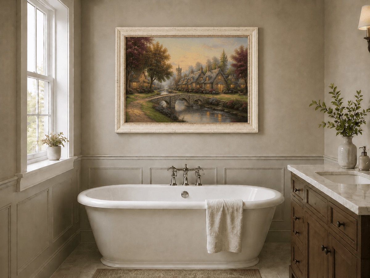 Landscape Oil Painting - Village with Stone Bridge & Stream