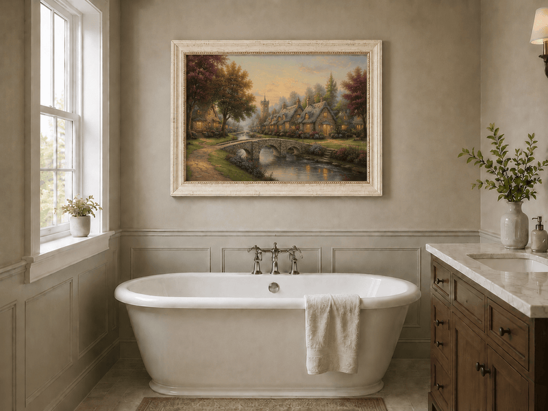 Landscape Oil Painting - Village with Stone Bridge & Stream