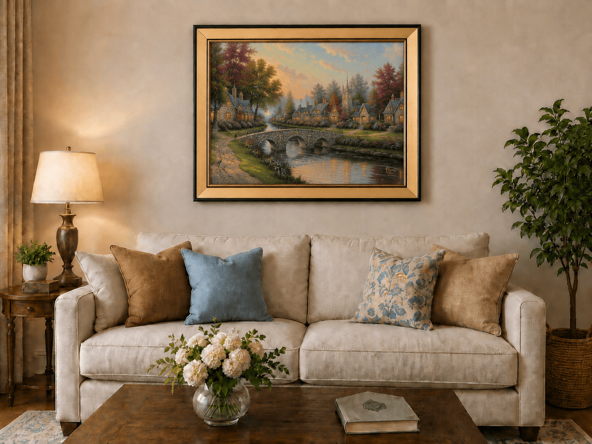 Landscape Oil Painting - Village with Stone Bridge & Stream