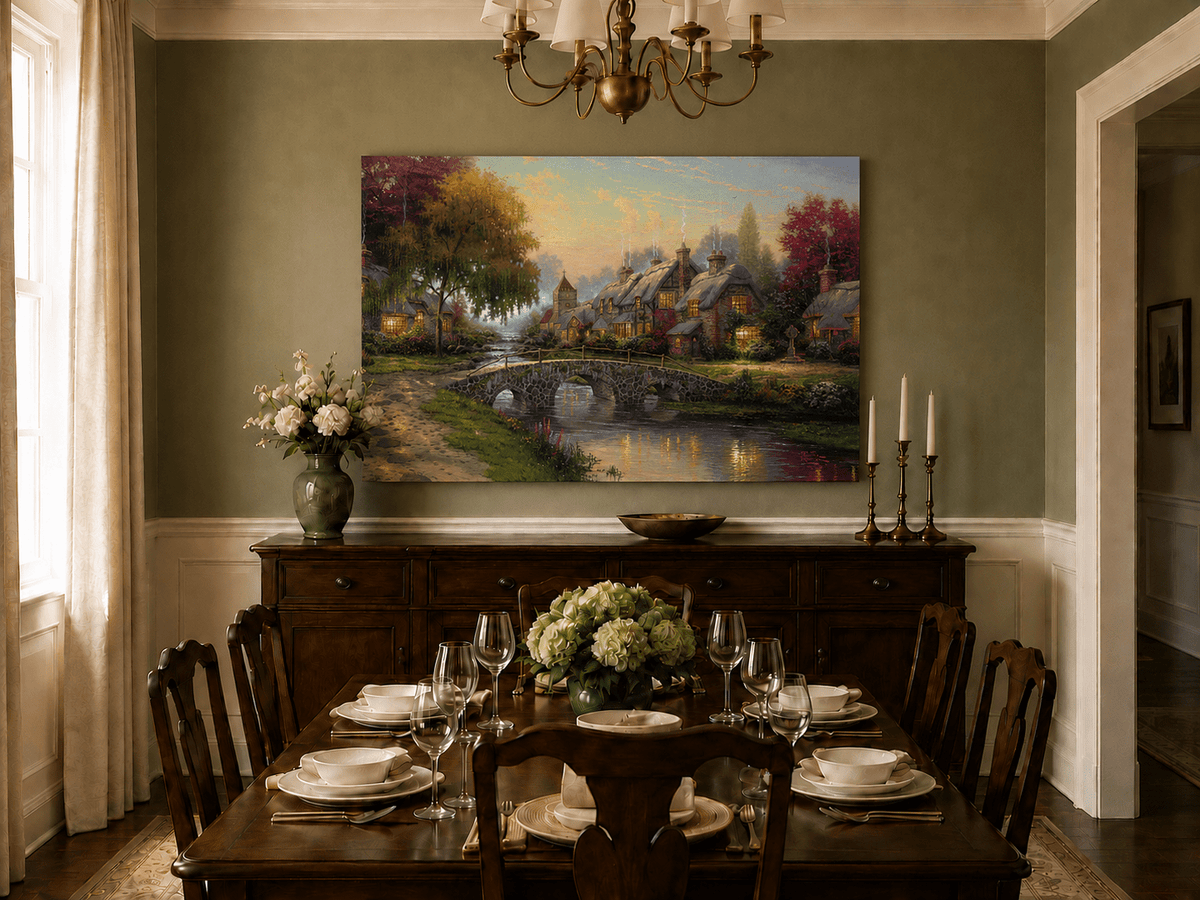 Landscape Oil Painting - Village with Stone Bridge & Stream