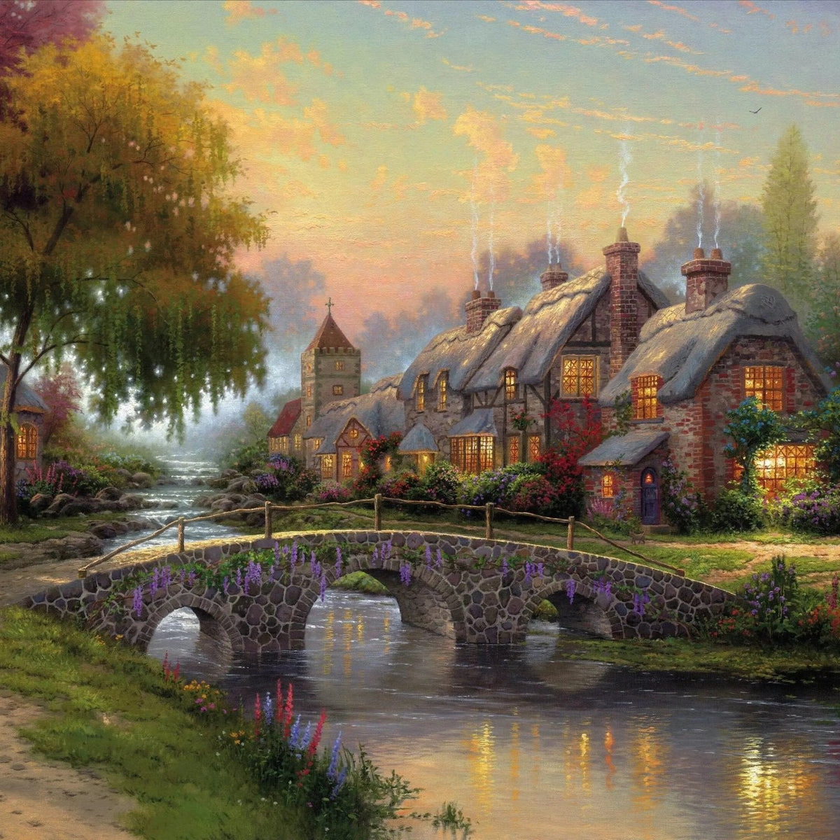 Landscape Oil Painting - Village with Stone Bridge & Stream - Oil Painting Haven