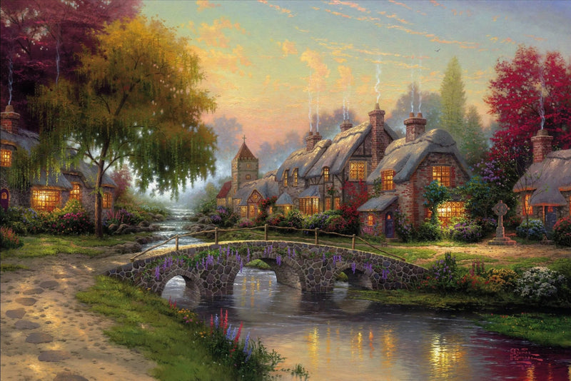 Landscape Oil Painting - Village with Stone Bridge & Stream - Oil Painting Haven