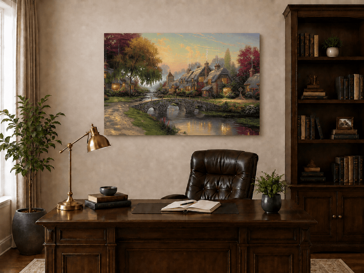Landscape Oil Painting - Village with Stone Bridge & Stream
