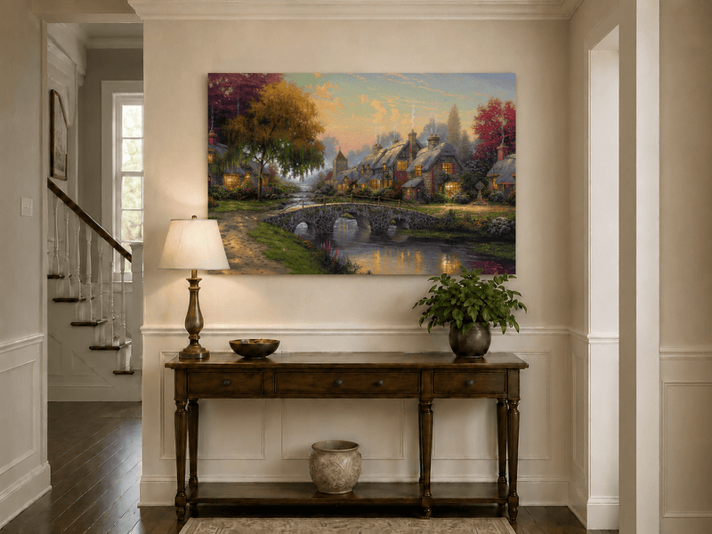 Landscape Oil Painting - Village with Stone Bridge & Stream