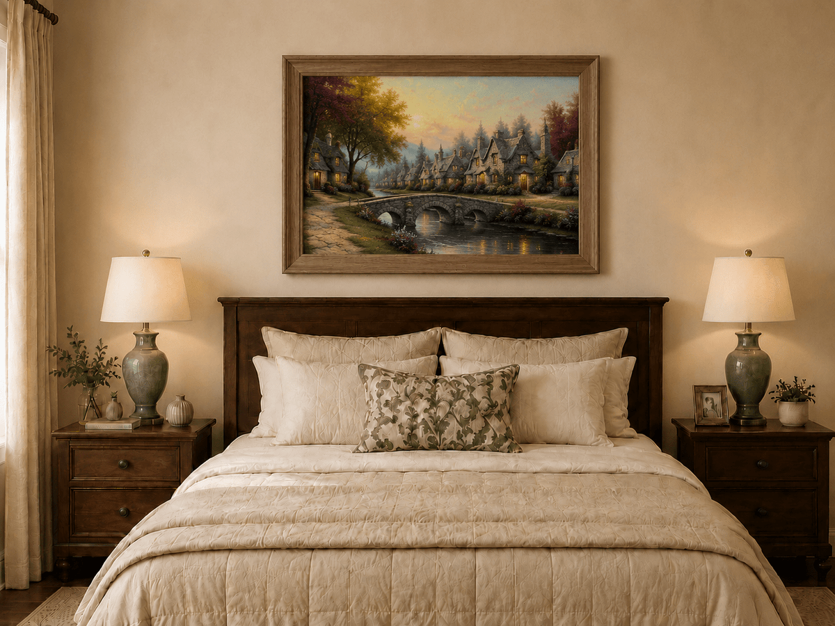 Landscape Oil Painting - Village with Stone Bridge & Stream
