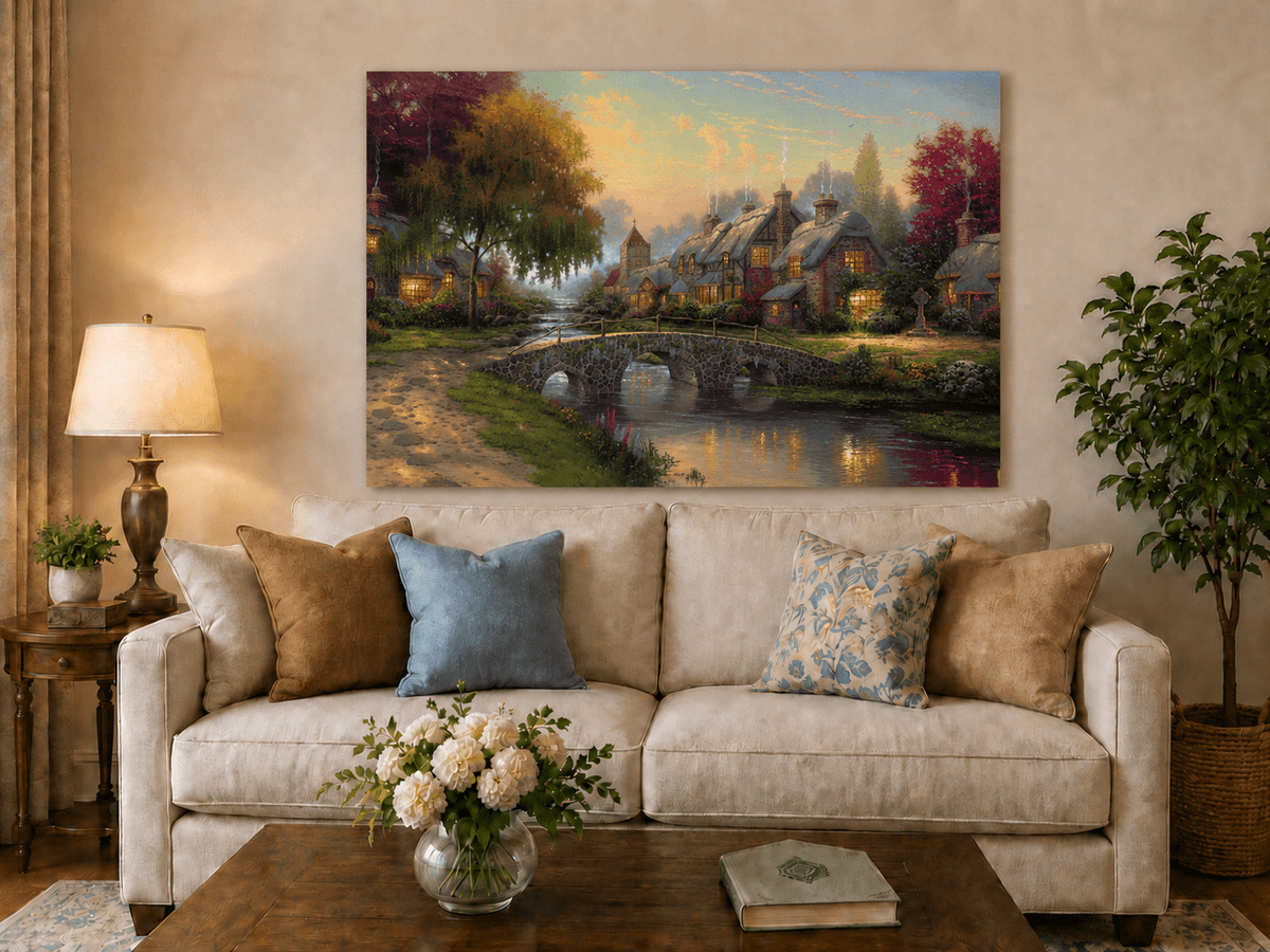 Landscape Oil Painting - Village with Stone Bridge & Stream