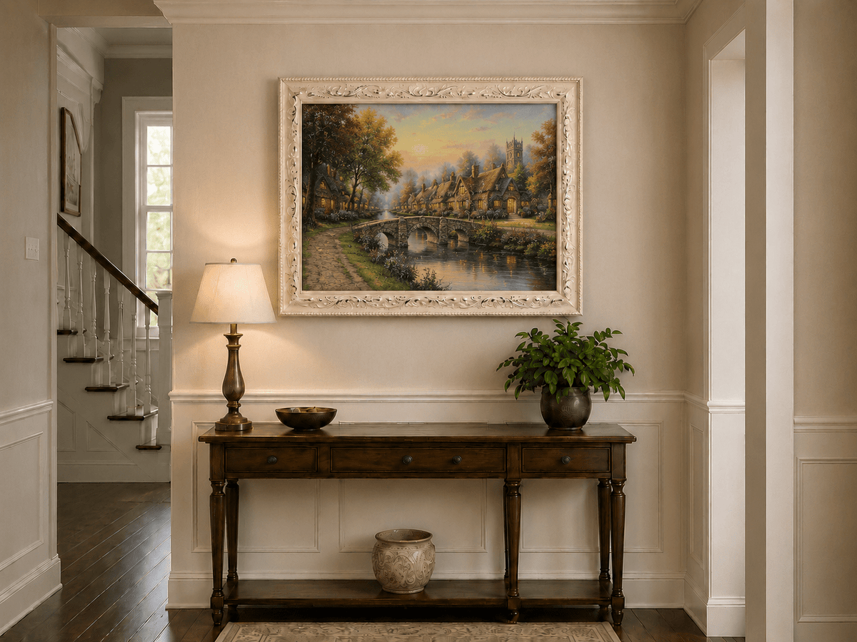 Landscape Oil Painting - Village with Stone Bridge & Stream