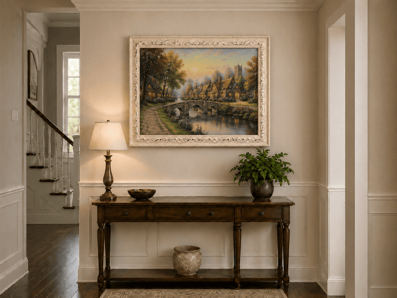 Landscape Oil Painting - Village with Stone Bridge & Stream