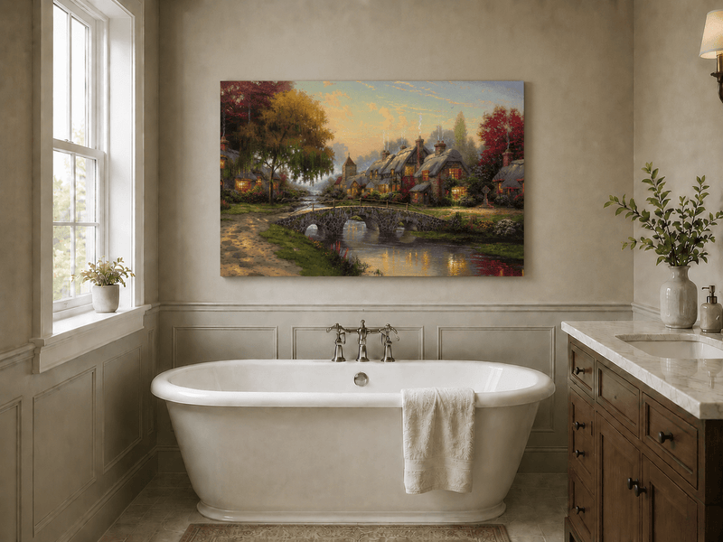 Landscape Oil Painting - Village with Stone Bridge & Stream
