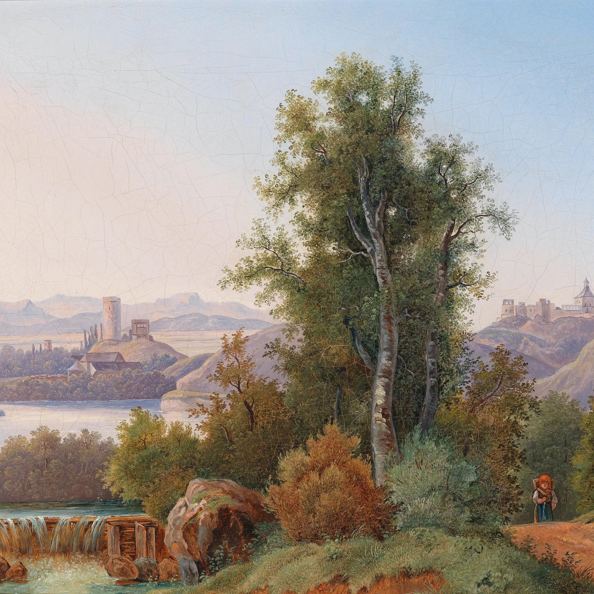 Landscape Oil Painting - Vintage Lakeside Castle Ruins & Waterfall - Oil Painting Haven