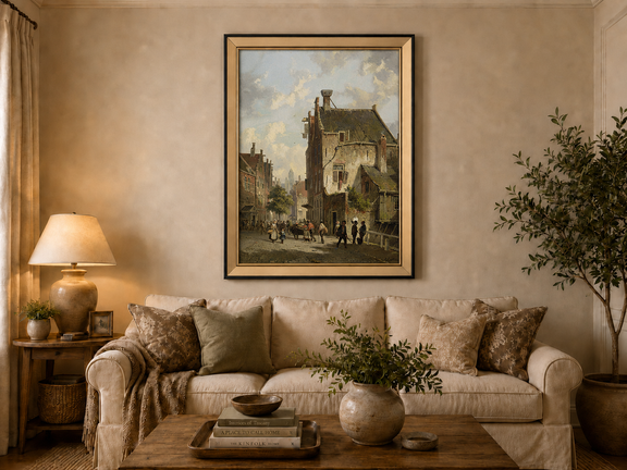 Vintage town street with figures landscape oil painting displayed in a styled home interior.