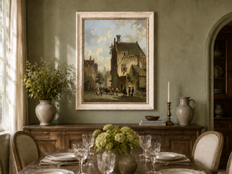 Vintage town street with figures oil landscape artwork shown in a styled home interior.