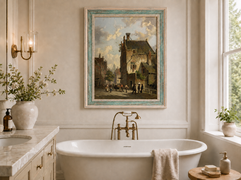 Vintage town street with figures landscape oil painting presented as interior home decor.