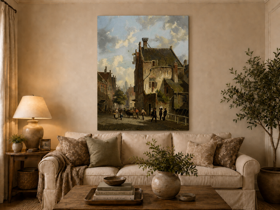 Vintage town street with figures hand-painted oil artwork displayed in a second interior view.