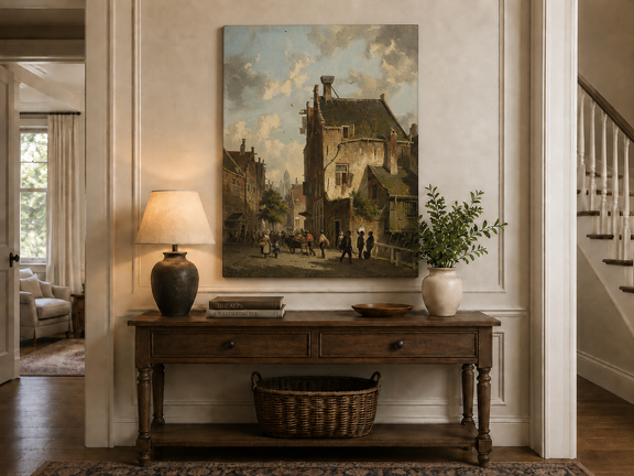 Vintage town street with figures landscape painting shown as decorative oil wall art.