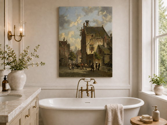 Vintage town street with figures landscape oil painting presented as styled home decor.