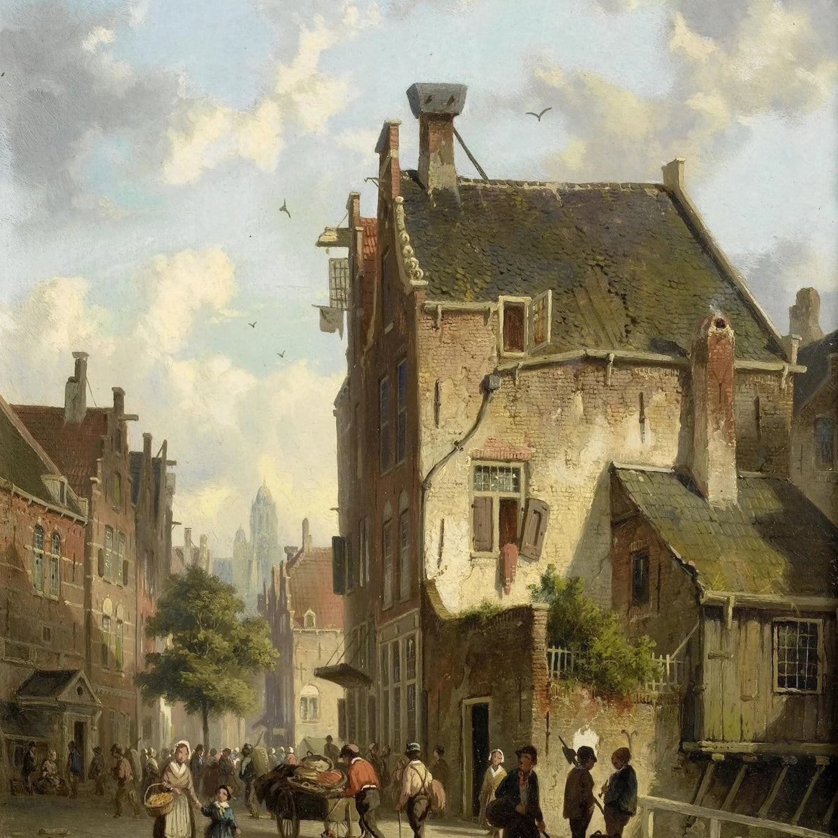 Landscape Oil Painting - Vintage Town Street Scene with Figures & Architecture - Oil Painting Haven