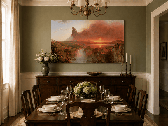 Hand-painted red-hazed volcanic landscape artwork in an interior display.
