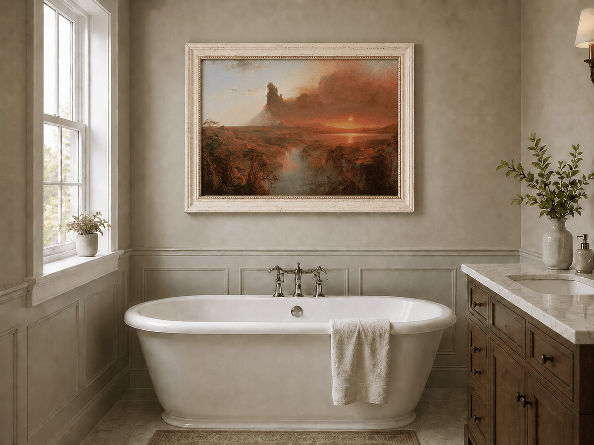 Volcanic sunset landscape oil painting presented as interior home decor.
