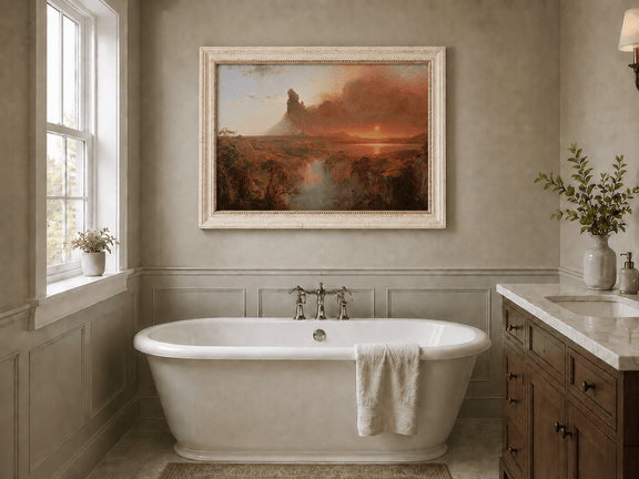 Volcanic sunset landscape oil painting presented as interior home decor.