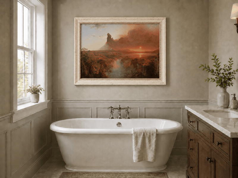 Volcanic sunset landscape oil painting presented as interior home decor.