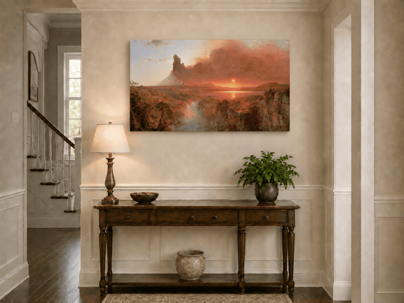 Red volcanic sunset landscape painting shown as decorative oil wall art.