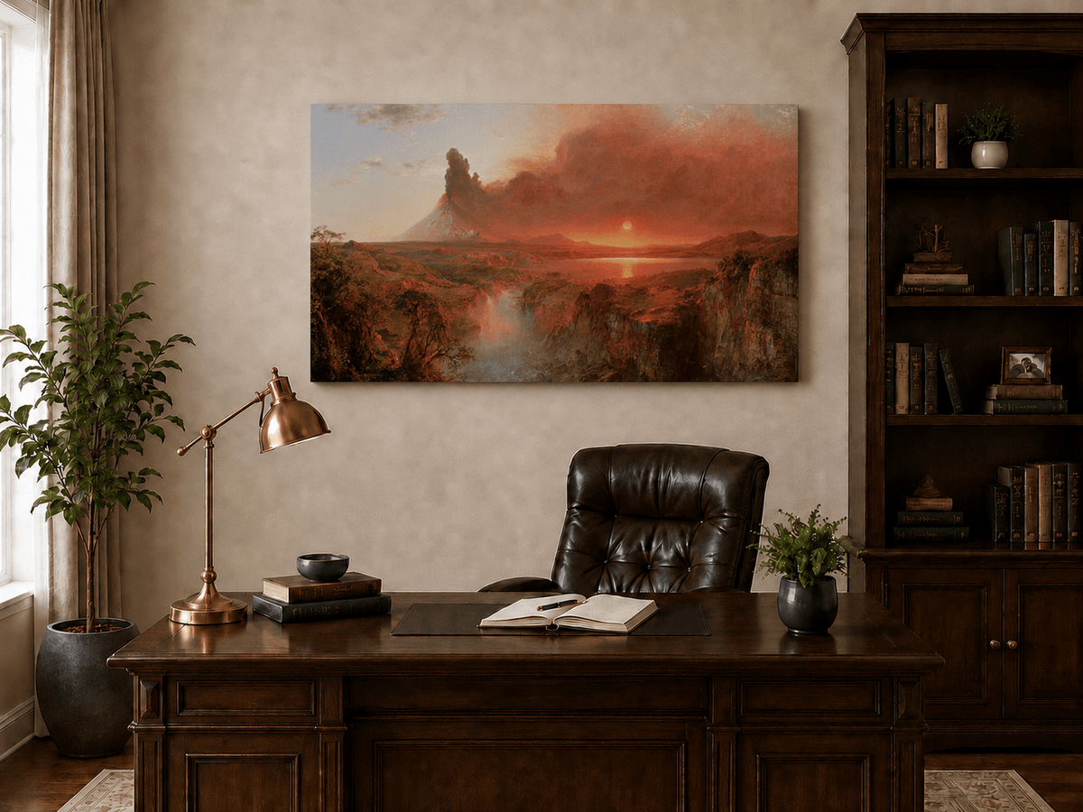 Interior wall art view featuring a volcanic eruption at sunset with red-hazed skies oil painting.