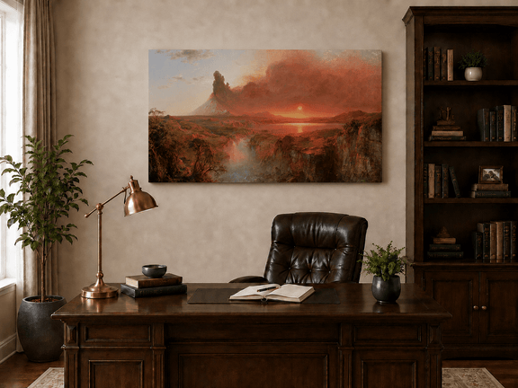 Interior wall art view featuring a volcanic eruption at sunset with red-hazed skies oil painting.