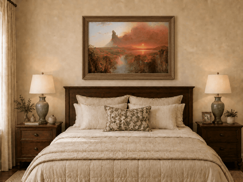 Hand-painted volcanic eruption at sunset displayed as decorative wall art.