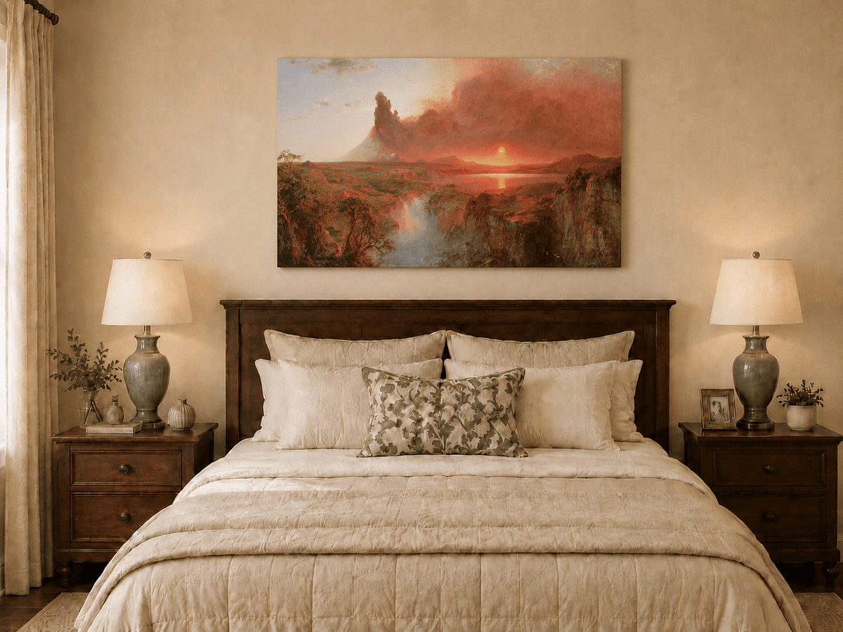 Volcanic eruption sunset oil painting displayed as landscape wall decor.