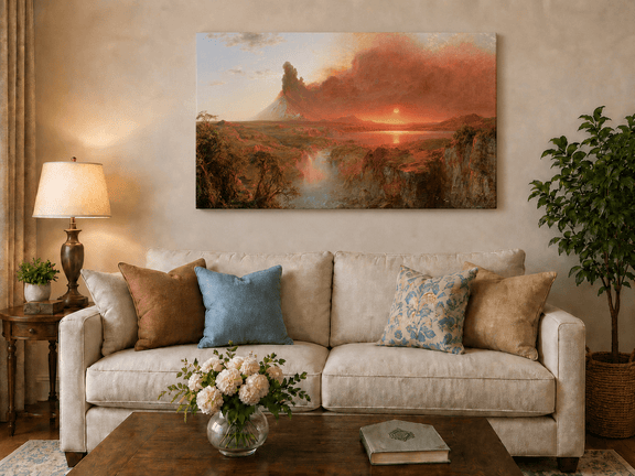 Volcanic eruption hand-painted oil artwork displayed in a second interior view.