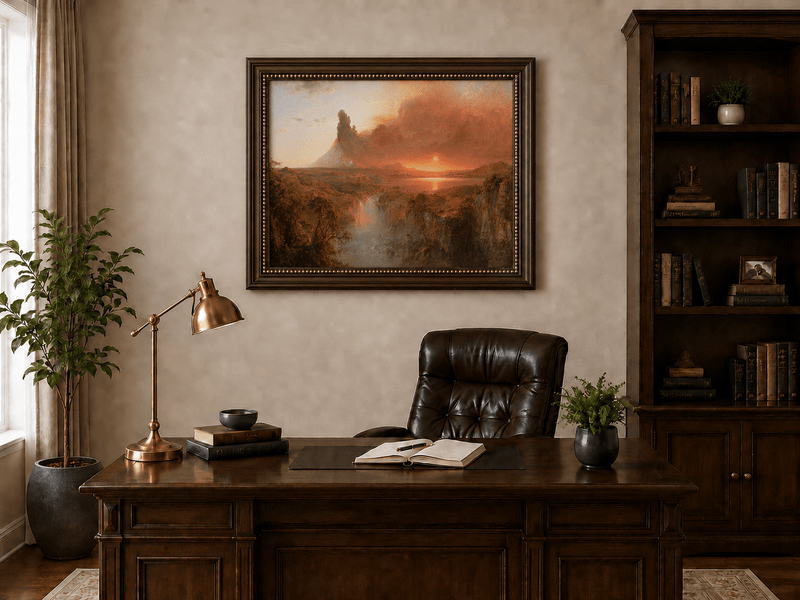 Volcanic eruption beneath red-hazed sunset skies landscape oil painting presented in an interior wall art mockup.
